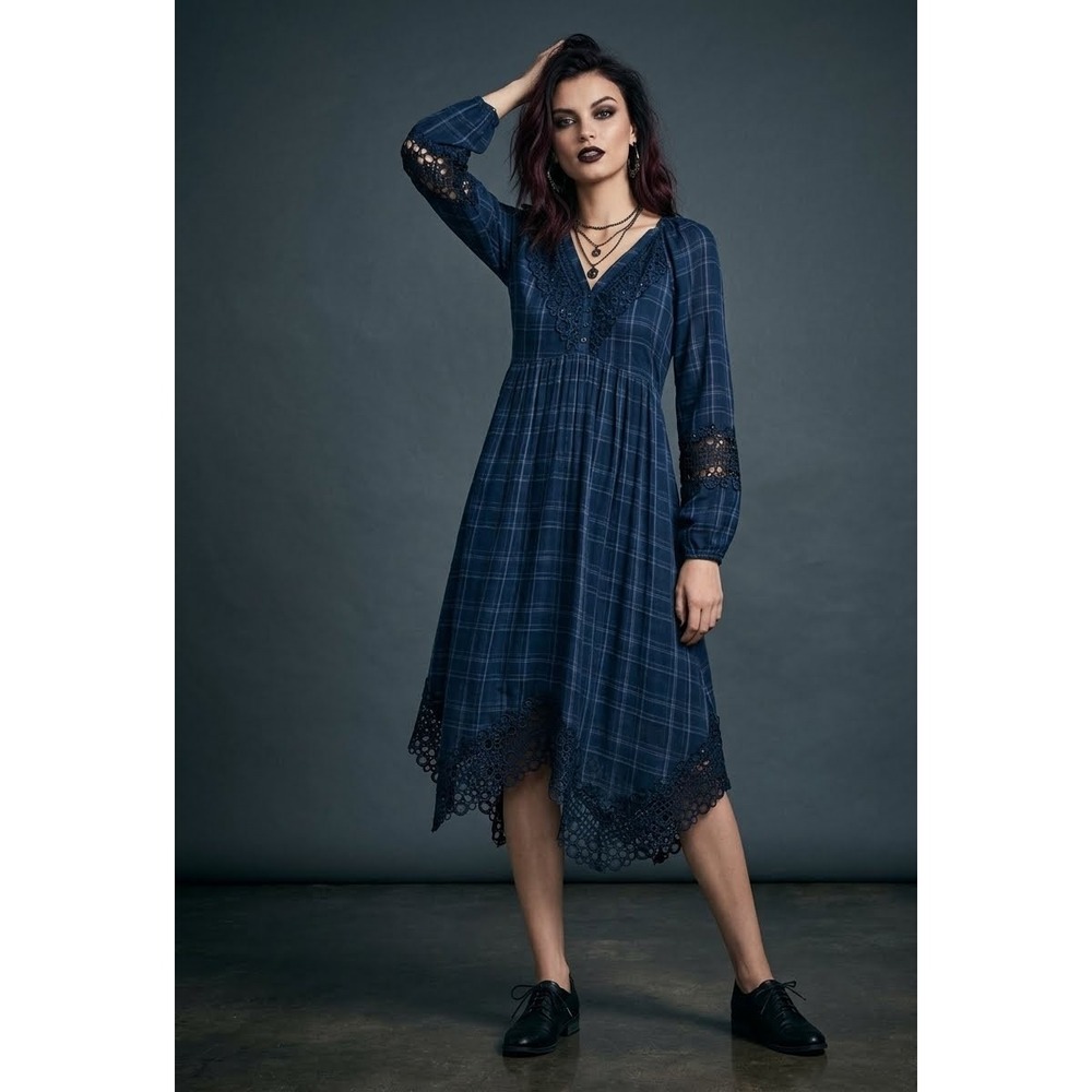Akemi +‎ Kin Codie Plaid Handkerchief Midi Dress Womens 12 Navy V Neck Lace Hem